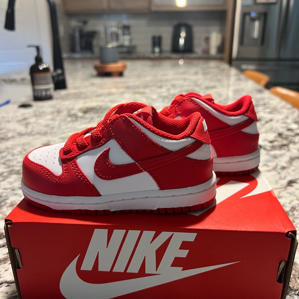 Nike Red and White Dunk Low Sneakers